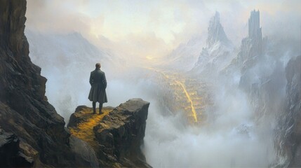 Fototapeta premium Solitary Figure Gazing at Distant Tower on Misty Mountain Path Wayfarer Quest in Tranquil Landscape
