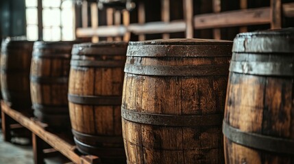 Rustic wooden barrels lined up in a traditional distillery setting