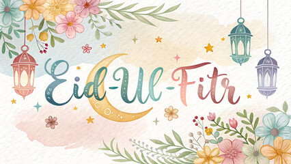 Eid Mubarak Arabic and English greetings on a 3d background with beautiful decorations. Eid_Ul-Fitr mubarak greeetings illustration.