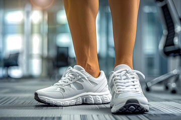 A White Pair of Sport Shoes Next to a Businesswoman's Legs in the Office