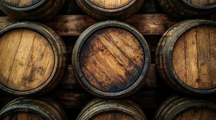 Rustic wooden barrels stacked against a weathered wooden backdrop