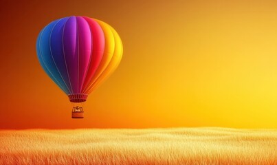 Fototapeta premium Rainbow hot air balloon over golden field at sunset