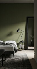 Fototapeta premium Olive Green Charcoal Guest Room design Scandinavian Industrial decor
