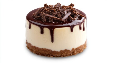 Delicious potted cheesecake topped with chocolate shavings showcases a perfect dessert against a white background