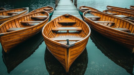 Serene Wooden Boats Docked by Calm Waters in Scenic Landscape