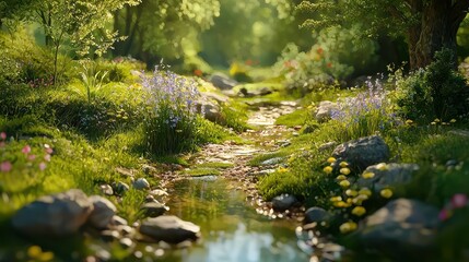 Obraz premium A lush, blurred forest serves as an ethereal backdrop for an AI-generated product display, where vibrant green plants add a touch of tranquility and natural beauty to the scene. 