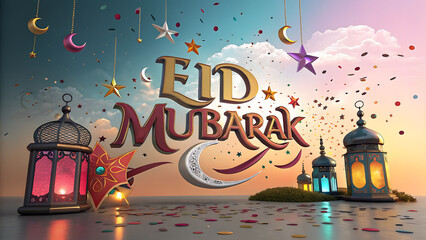 Eid Mubarak Arabic and English greetings on a 3d background with beautiful decorations. Eid_Ul-Fitr mubarak greeetings illustration.