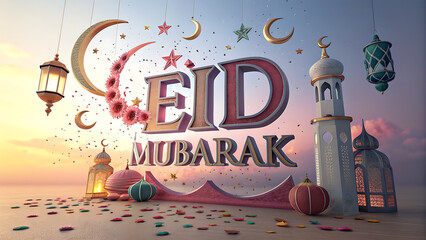 Eid Mubarak Arabic and English greetings on a 3d background with beautiful decorations. Eid_Ul-Fitr mubarak greeetings illustration.