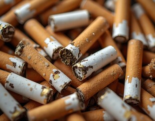 Close-up of pressed cigarette butts, representing the anti-smoking campaign to stop pollution and the negative effects of smoking