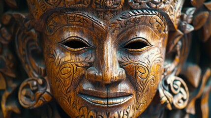 Intricate Wooden Carving of a Smiling Face with Detailed Patterns