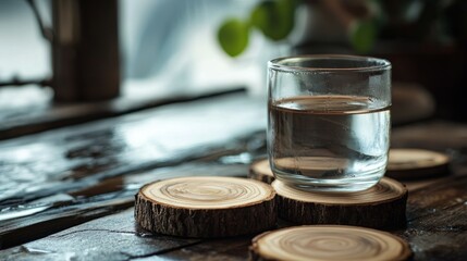Fototapeta premium Glass of Clear Water on Rustic Wooden Coasters in Natural Light