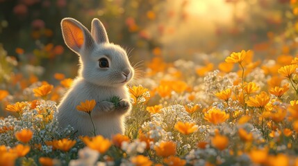 Cute bunny in a meadow of flowers at sunset