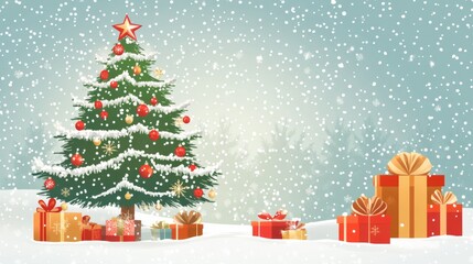 Fototapeta premium Christmas tree with gifts in snowy winter wonderland