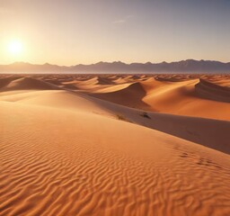 Desert landscape with golden sand dunes at sunrise, warm light, natural wonder, vast expanse