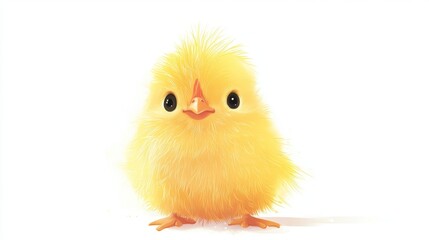 Adorable fluffy yellow chick with bright black eyes on white background