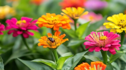 Zinnias, insect, garden, vibrant, pollination, blurred background, floral design