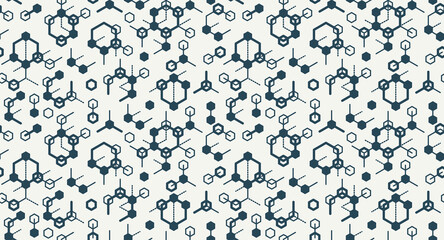 Molecules seamless background, vector tiling endless repeat pattern with different molecules, chemistry and pharmacology theme, elements easy to use separately as an icons or illustrations.