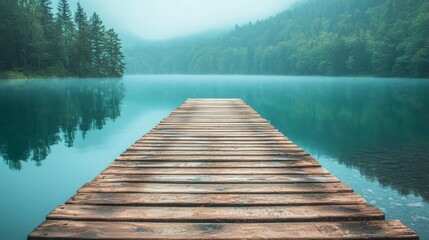 Serene Lake View with Wooden Dock Surrounded by Misty Forest