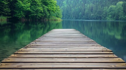 Fototapeta premium Tranquil Wooden Pier over Calm Water Surrounded by Lush Forest