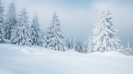 Naklejka premium Winter landscape with snow-covered trees and a cloudy sky.
