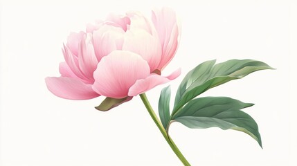 Delicate pink peony blossom with lush green leaves on a white background