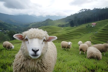 Fototapeta premium Cotton Balls Alive with fluffy fur like clouds, Sheep in Cameron Highlands run around, occasionally turning around with their round, cute eyes