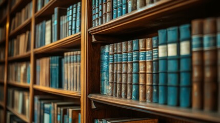Vintage library books on wooden shelves with a warm atmosphere