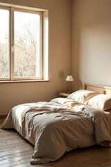 Sunlight streams through a window illuminating a neatly made bed with beige bedding and pillows in a calm, minimalist bedroom
