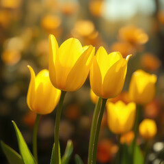 Naklejka premium Dreamy composition of yellow tulips on soft focus floral backdrop, soft focus, floral, yellow, dreamy