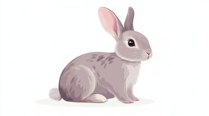 Obraz premium Cute gray rabbit with pink ears and fluffy tail on white background