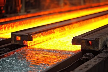 A large steel manufacturing plant with furnaces glowing and molten metal pouring into molds