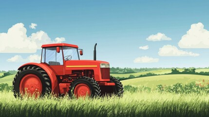 Red tractor in sunny countryside field with blue sky and clouds