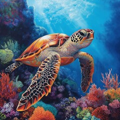 Vibrant sea turtle in coral reef