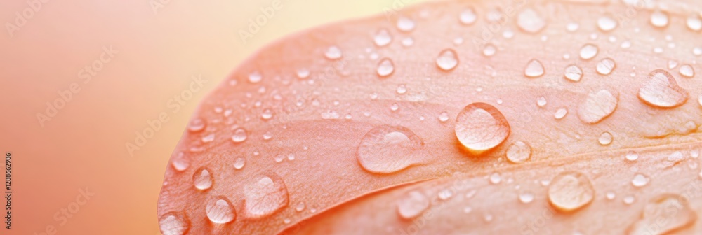 Poster Macro close up of a peach colored flower petal with many glistening water droplets, creating a beautiful and delicate natural scene with a soft gradient background