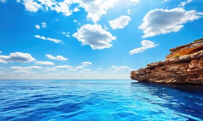 Fototapeta premium Rocky coast, blue sea, sunny sky, clouds, ideal for travel ads