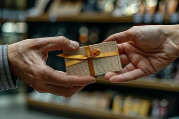 Fototapeta premium Close-Up Image of a Businessperson Sharing a Gift Card with AnotherColleague
