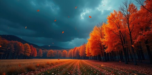 Burnt orange trees against a darkening blue sky, fall colors, autumn leaves falling, nature scene