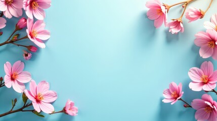 Delicate Pink Blossoms Frame a Light Blue Background, Perfect for Springtime Designs and Announcements