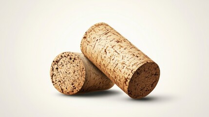 Two natural wine corks on light background displaying texture and grain details