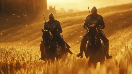 Knights Ride Through Golden Wheat Field at Sunset in a Medieval Landscape Scene with Tower