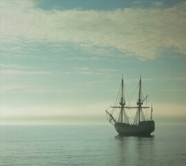 Fototapeta premium Old Sailing Ship on Calm Waters Against a Tranquil Cloudy Sky in an Aqueous Atmosphere