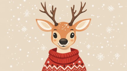 Cartoon deer wearing red sweater with snowflakes in winter scene