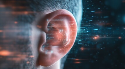 Digital sound waves are entering a human ear, representing innovative hearing solutions, audiology advancements, and the future of sound perception