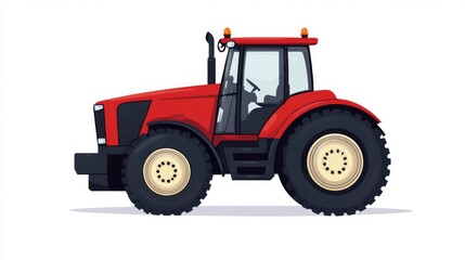Red agricultural tractor with large tires and two orange lights on white background