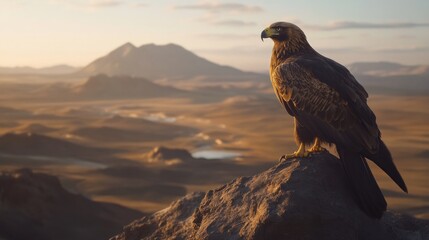 Fototapeta premium Golden Eagle perched on mountain peak, desert sunset landscape, wildlife documentary