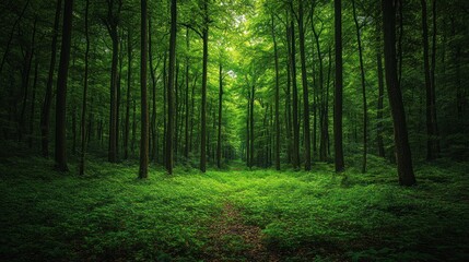 Lush forest path, deep green woods