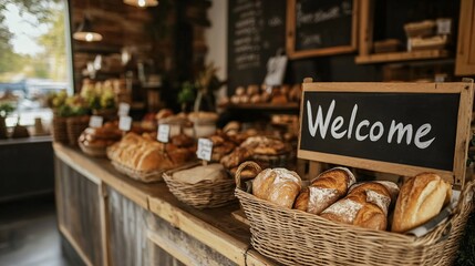 Fototapeta premium Charming Local Bakery Counter Featuring Freshly Baked Bread with a Heartfelt 'Welcome' Sign