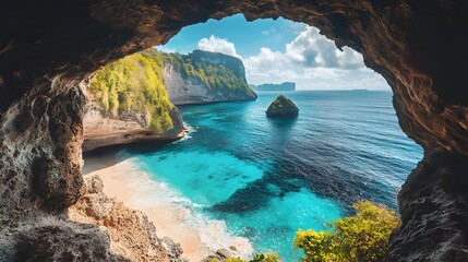 Obraz premium A travel blog featuring breathtaking photography of a stunning beach view from a cave surrounded by natural beauty and serenity at sunset 