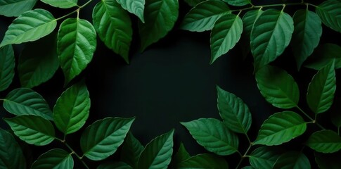Dense foliage of dark green leaves against a deep black background, foliage, lush leaves, botanical