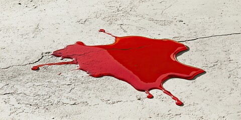 Puddle of red liquid on light grey surface, with copy space
